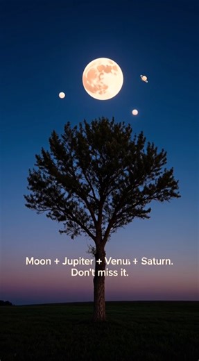 The sky reveals a rare Quadruple Show as four prominent celestial bodies — often the Moon alongside bright planets such as Venus, Jupiter, and Mars — appear clustered in the same region of the sky. Though separated by vast distances in space, they align visually along the ecliptic, the shared orbital plane of the solar system. This apparent gathering is a perspective effect created by orbital geometry. The planets orbit the Sun within nearly the same flattened disk, and the Moon’s tilted orbit i