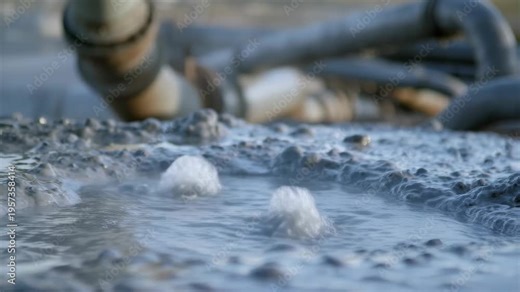 Mud pool bubbling with geothermal activity and industrial pipes in the background showing natural hot spring formation