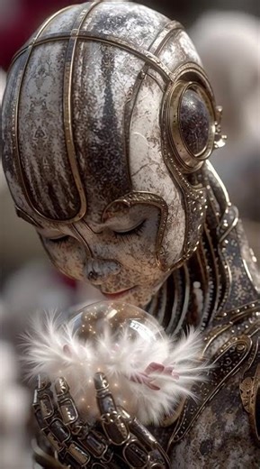 Tender Android: Iron Robot Cradles a Glowing Sphere (Poetic Sci-Fi Art)