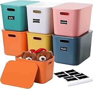 Thyle 6 Pcs 14 In Colorful Plastic Storage Bins 6 Colors Stackable Large Capacity Plastic Desktop Storage Box with Handles Lids, Labels and Marker for Office Classroom Cabinet (14 x 10 x 9 Inch)