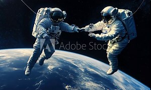 Two astronauts hold hands while floating above Earth in the vastness of space