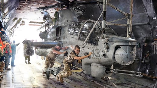 How US Load Folded Attack Helicopters Inside Massive C-17 Globemaster III