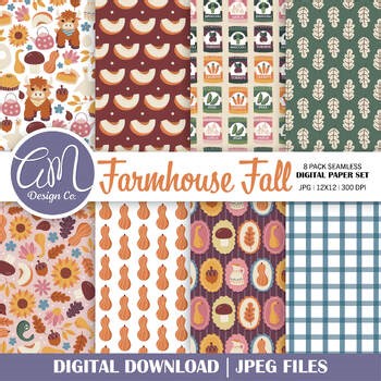 Farmhouse Fall Seamless Pattern or Digital Paper, Highland Cow, Autumn