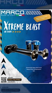 ‼ Marco Xtreme Blast Horn ‼ ▪ Has a deep and loud sound. The use of two electric compressors, in fact, always ensures a proper level of sound pressure for each of the two acoustic trumpets. Xtreme Blast is available at 12V e 24V and it is supplied with relay, air hoses and fixing hardware. Hertz : 388 / 422 Hz Voltage : 12 Volts Consumption: 36 #marcohornph #MarcoHornPhilippines #madeinitaly 🇮🇹 Warning: Video has loud sound | MARCO Philippines