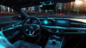 The video shows the inside of a futuristic car with a steering wheel, a digital dashboard, and a large center console.