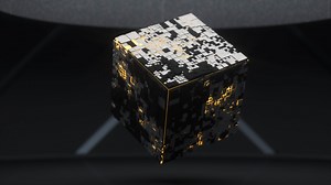 Rotating cube and materials, circuits structure, 3d rendering.