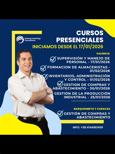 ¡Impulsa tu carrera con formación presencial de alto nivel! Este 2026, Startup Coaching Consultores llega a las principales ciudades del país para brindarte las herramientas prácticas que tu perfil profesional necesita. No es solo teoría, es aprendizaje cara a cara con expertos en el área. 📍 Nuestra Agenda Presencial: Valencia: ✅ Supervisión y Manejo de Personal – 17/01/2026 ✅ Gestión de la Producción Industrial – 25/01/2026 ✅ Gestión de Compras y Abastecimiento – 30/01/2026 ✅ Formación de Alma