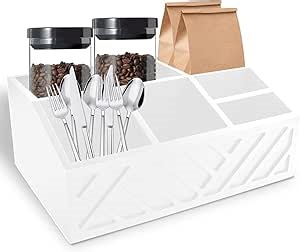Wood Paper Plate Dispenser for Kitchen Counter, 6 Compartments Paper Plate Holder, Open Design Utensil Caddy, Paper Plate Organizer, Cutlery Dispenser for Cup Spoon Fork Plates Napkins (White)