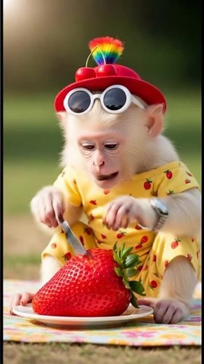 Baby Monkey Cutting Real Strawberry 🍓🐒 | Super Cute & Satisfying!”