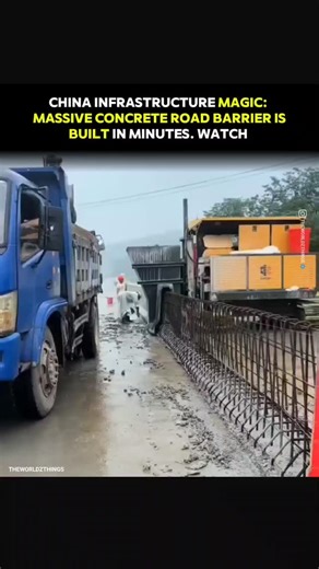 THE WORLD'S THINGS ™ on Instagram: "China continues to redefine infrastructure speed with its latest engineering marvel: the automated Slip-Form Barrier Paver. A viral video, showing the machine in action, highlights its capacity to construct heavy-duty, reinforced concrete road dividers in a fraction of the time typically required by manual methods. ​This cutting-edge technology works by continuously feeding fresh concrete into a large mold that is pulled along the road. The machine vibrates th