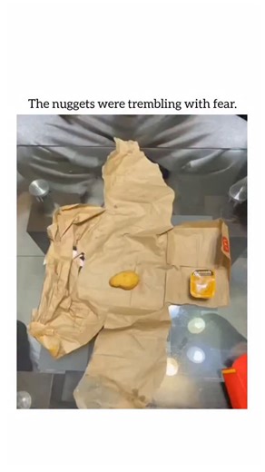 guffvibes on Instagram: "This viral video uses dramatic music and creative storytelling to anthropomorphize a McDonald’s chicken nugget. The "Last Stand": The nugget is presented as a "terrified survivor" in a dramatic scenario. Trembling with Fear: The video caption states "The nuggets were trembling with fear" as various objects are placed around it. Dramatic Interactions: Different hands interact with the nugget and the surrounding paper in a way that mimics a tense, emotional movie scene. Cr