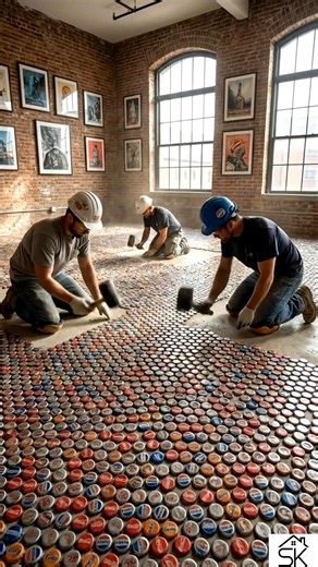 Satisfying Bottle Cap Epoxy Floor Transformation ✨ #interiordesign #shorts