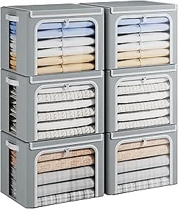 Yecaye Clothes Storage Bins with Metal Frame, Foldable Clothing Storage Bin with Lid, Stackable Oxford Fabric Organizer Box With Clear Window & Zippers & PU Leather Handles (6 Pack,Grey,40L)