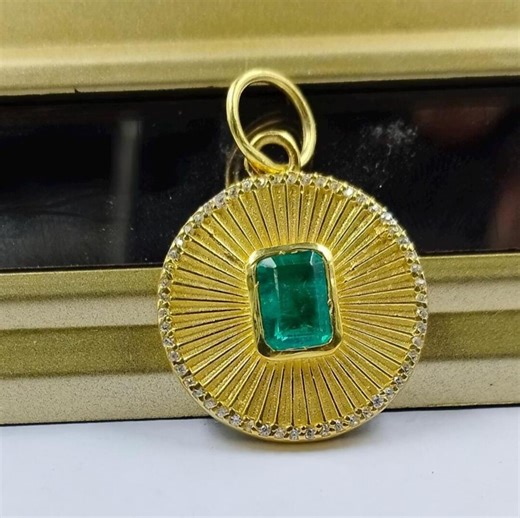 Fluted Sterling Silver Emerald Charm Pendant, Diamond Halo - Etsy