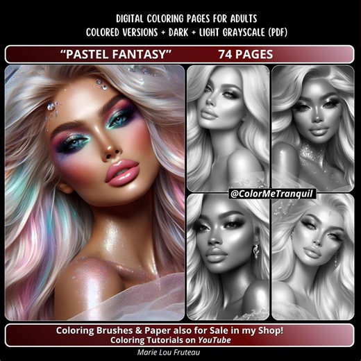 Grayscale Coloring Pages for Adults | PDF Download | Realistic Women's Portraits | 74 "pastel Fantasy" - Etsy