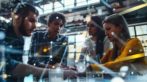 Visitors explore an interactive digital art exhibition in a modern, open concept museum space with minimalist architecture and high-tech displays featuring vibrant, colorful digital projections.