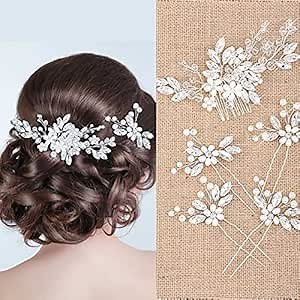Yeshone 5 Pieces Wedding Hair Comb Bridal Pins Crystal Pearl Wedding Hair Accessories Rhinestone Flower Piece for Bride Bridesmaids Women(Silver)