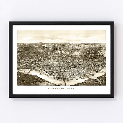 Cincinnati Map 1900 - Old Map of Cincinnati Ohio Art Vintage Print Framed Canvas Bird's Eye View Portrait History Genealogy Farmhouse Décor - Etsy
