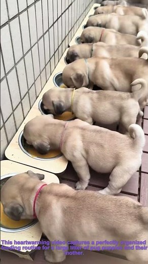 Orderly Mealtime: A Litter of Pug Puppies Enjoy Sustained, Structured Feeding