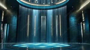 Luxurious spa interior with cascading water feature and ambient lighting in a modern setting