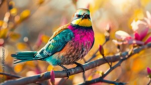 Colorful bird perches on branch among blooming flowers during golden hour in a serene garden