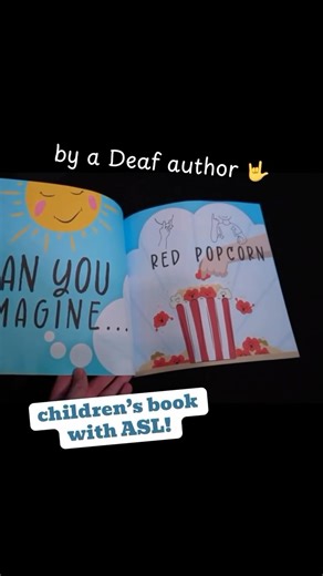 ASL Theatre on Instagram: "Thanks @author_alexandria for this fun children’s book where ASL Rhymes make yellow cows 🐄 and red popcorn 🍿 “Can You Imagine ASL Rhymes” is available on Amazon. #deafcommunity #childrensbook #signlanguage"