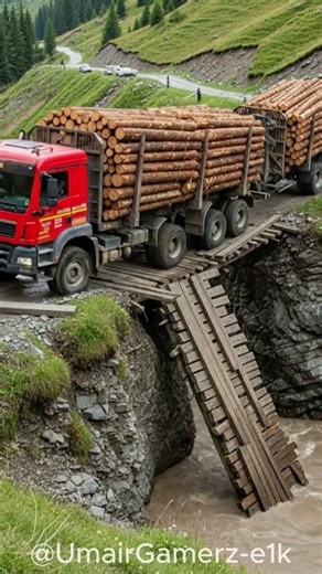 A large timber truck driving across a collapsed bridge!​ #shortsviral #truck