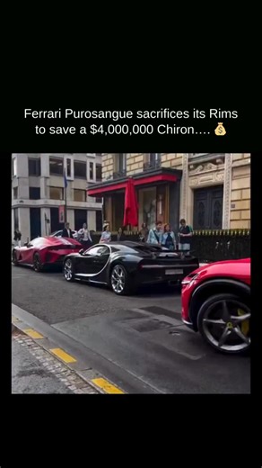 Curio Dose on Instagram: "This clip shows a Ferrari Purosangue inching through a tight space to avoid hitting a nearby Bugatti Chiron, even if that means risking scrapes to its own wheels. The Purosangue is one of Ferrari’s rare models with a front‑axle lift system, which lets the car raise its nose to clear steep driveways, curbs, and awkward street angles. In situations like this, a driver may be willing to let the rims take minor damage rather than risk contact with the body panels, which are