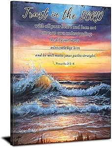 Ocean Christian Wall Art Proverbs 3 5-6 Bible Verse Wall Decor Trust in The Lord With All Your Heart Scripture Poster Sunset Coastal Beach Canvas Prints Artwork Living Room Bedroom Decoration 12x16"