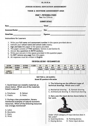Grade 7 Pre-Technical Studies Mid Term 2 2026 Exam