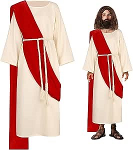 Authentic Jesus Costume Adult Religious Christ Jesus Clothes Set With Shawl & Belt Cord for Men, Funny Adult Costumes Ideal for Halloween Party, Costume Party Red- Large