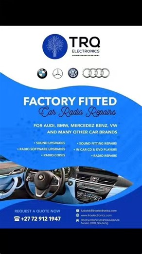 AUDI BMW BENZ VW factory fitted car radio repairs while you are waiting. Open: Mondays - Sundays, On appointments only. For appointment whatsapp 0729121947. Whatsapp link 👇 https://wa.me/ 27729121947 Our services: 🚗 OEM Car Sound Troubleshooting & Repairs. 🚗 OEM Car Sound installations/upgrades. 🚗 Radio pin code, 100% accuracy. 🚗 Full Car diagnostic. 🚗 Technical advice via WhatsApp. GPs Location�tK4Lnd6 🛰TRQ ELECTRONICS, Hartebeesthoek, Akasia, 0182. #everyoneactivefollowers #everyoneacti