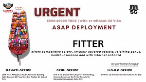 EXCITING OPPORTUNITIES AWAITS Join our Mediterranean Shipping Company (MSC) Fleet and be part of the largest container company in the world. The company offers competitive salary, AMOSUP covered vessels, rejoining bonus, health care benefits, internet onboard, etc. Hurry and apply now! For interested applicants, please submit your online application now at https://elburg.crewinspector.com/public/main or you may send us your CV thru our email recruitment@elburgshipmanagement.com.ph For more inqui