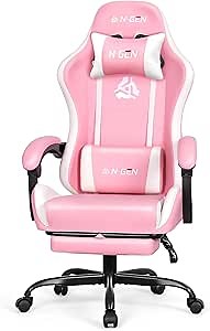 N-GEN GAMING Video Gaming Chair with Footrest Lumbar Support for Home Office High Back Recliner Height Adjustable Ergonomic Comfy Leather Computer Desk Chair (Pink)