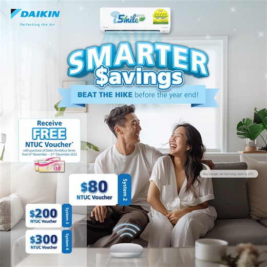 1.2K views · 52 reactions |  Smarter Savings Promo  Been wanting to replace your aircon? ❄️ We got your back! Upgrade to the Daikin iSmileEco Series and receive a  FREE NTUC Voucher worth up to $300 with your purchase! 螺 Hurry and  shop now: https://www.e-proshop.com.sg/e-proshop/aircons/ismileeco-series.html To redeem your NTUC Voucher after your purchase, click here: https://forms.gle/MSKqh2cYYPKn8gsY6  Promo period: 6 Nov to 31 Dec 2023. | Daikin Singapore | Facebook
