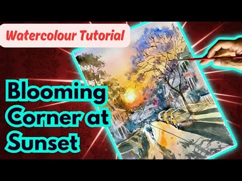 Sunset Watercolour Scene Breakdown | Cars, Cyclist, and Blooming Jacaranda