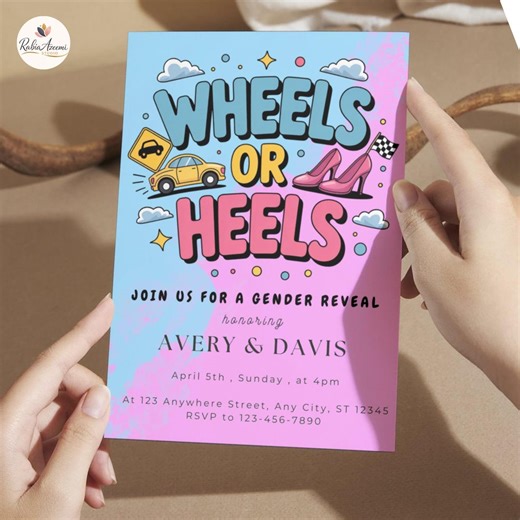 Wheels or Heels Gender Reveal Invitation Template Blue Pink Baby Shower Invite