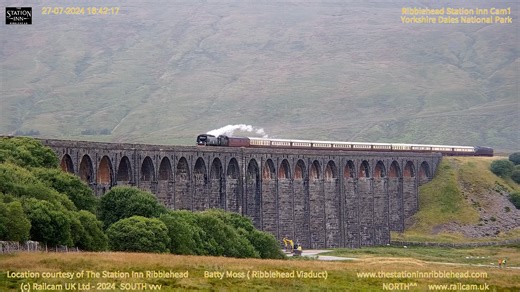 🚂Is there a better sights than steam on the Settle to Carlisle? West Coast Railways Battle of Britain Class No. 34067 'Tangmere' had taken the reins from this mornings electric traction, and made for a wonderful sight crossing Ribblehead Viaduct on the return leg of Northern Belle's 'Settle & Carlisle Steam Special'. ℹ️ 1Z77 #Carlisle to #Coventry 🎦 #Ribblehead 📅 27/07/24 The Station Inn Friends of the Settle-Carlisle Line Settle Carlisle Railway CRP Yorkshire Dales National Park | Railcam