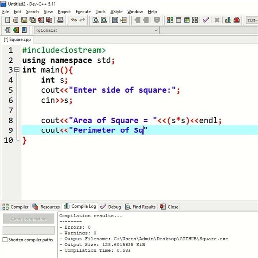 Area and Perimeter of Square || USELESS CODES || CPP PROGRAM