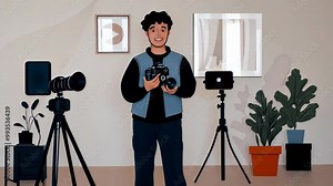 A man stands in a room holding a camera, with two tripods with cameras on them in the background
