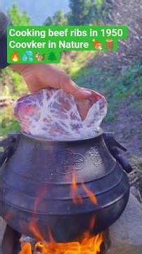Cooking beef ribs in 1950 Coovker in Nature 🍖🪵🔥💦🐿️🌲 #cookingasmr #outdoorcooking #beef #ribshack