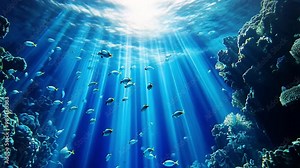 A deep blue underwater scene, where shafts of light penetrate the ocean depths, illuminating schools of fish and coral in shades of azure and cobalt.