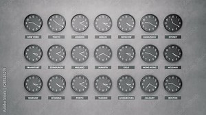 Many round clocks are going and showing different time for different cities around the world. Clock face timelapse 60fps 4K animation.