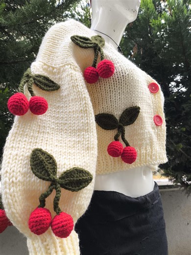 Hand-knitted Cherry Cardigan, Crochet Fruit Sweater, Customizable
