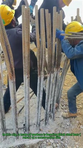 Construction Rebar Bending: Workers Shape Steel Bars for Building Foundation