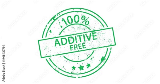 Green stamp graphic shows additive free with distressed texture. Design features circular border and bold text. Visual appears as official seal or certification mark. Ideal for health, food