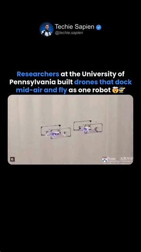 Techie Sapien - AI | Robotics | Next-gen Tech on Instagram: "Researchers Built Drones That Dock Mid-Air and Fly as One Robot 🤯 University of Pennsylvania Researchers Built Modular Drones That Dock Mid-Air and Fly as One Coordinated Robot 🤯🚁 This video showcases ModQuad, a cutting-edge self-assembling drone system developed by researchers at the University of Pennsylvania – GRASP Lab. Unlike conventional drones, these modular quadcopters can dock with each other mid-air, physically connecting 