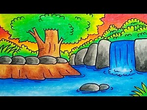 How To Draw Nature Scenery Forest And Waterfall Beautiful |Drawing Nature Scenery Easy Step By Step