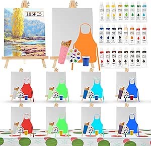 Rabbitale 185 Pcs Art Painting Kit Supplies Set for Party - 100 Paint Brushes, 24 Acrylic Paints, 10 Wood Easels & Canvas Panels & Palettes & Aprons & Wash Pen Cup, 1 Plastic Tablecloth