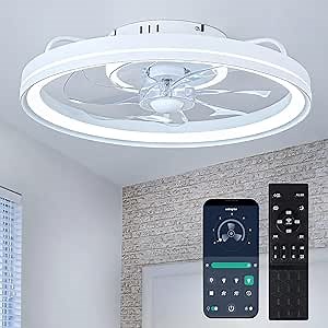 zouzai Low Profile Ceiling Fan with Lights and Remote, 18.9 inch Modern Ceiling Fans Flush Mount, Dimmable LED Fan Light, Ceiling Fans with Lights for Bedroom (White, Frosted Ring)